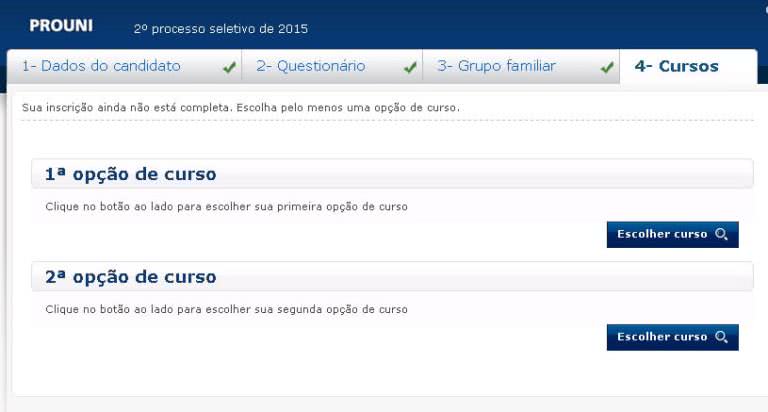 Opções de cursos Prouni
